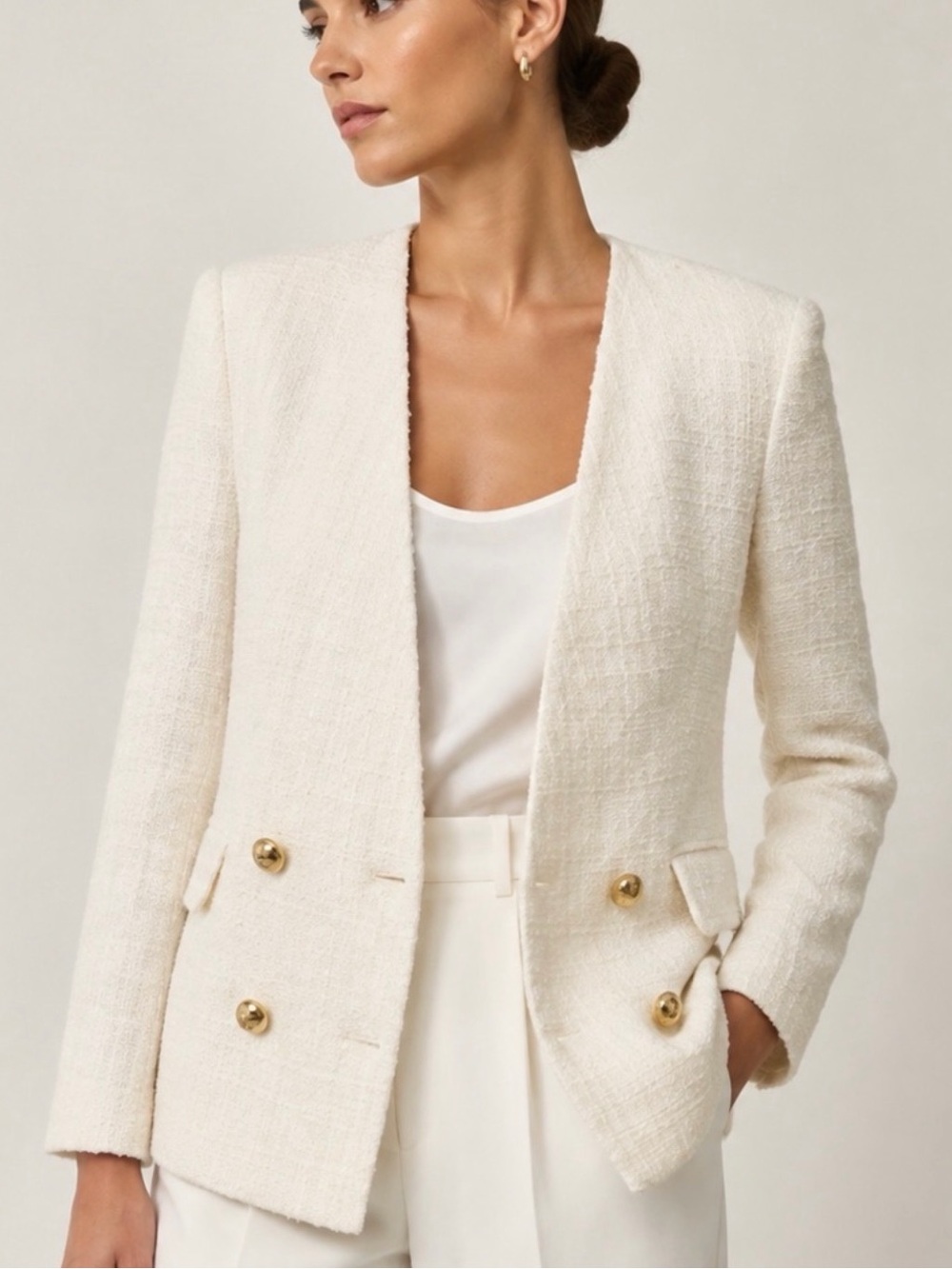 ZARA Textured Double-Breasted Blazer Ecru Cream Size XS
